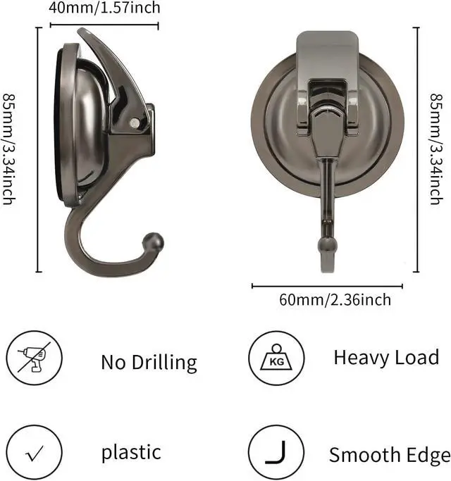 Alt view image 6 of 7 - Heavy Duty Suction Cup Hooks Waterproof Wreath Hanger 2 Pack Gunmetal Grey | No-Drill Suction Hooks for Bathroom Kitchen Tile 11 Lbs load Reusable Shower Towel Robe Loofah Hooks for Glass Window/Door