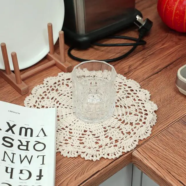 Alt view image 6 of 7 - Crochet Doilies, 4 Pcs 10 Inch Beige Doilies for Tables Vintage Doilies for Furniture, Round Handmade Lace Placemats Knitted Tablecloth Corrugated Edge for Kitchen Dining Room Wedding Party Decor