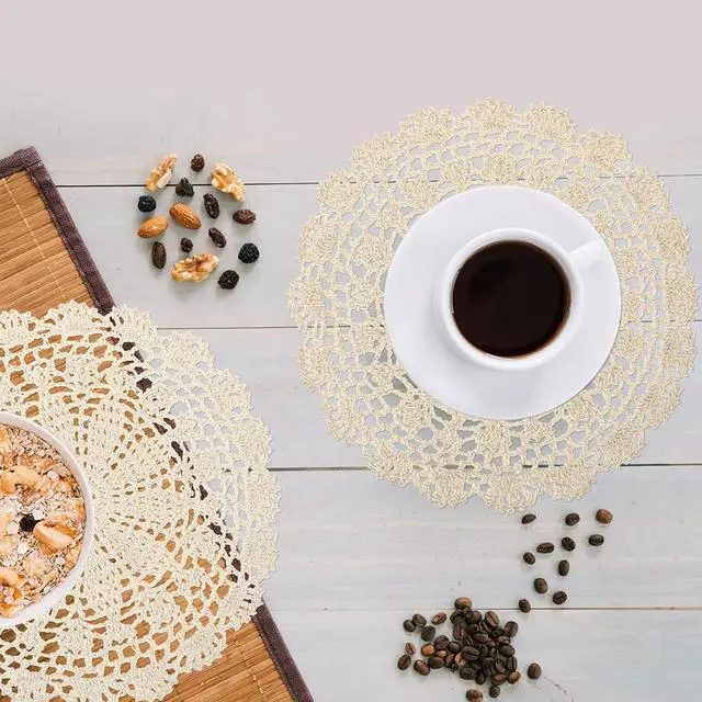 Alt view image 7 of 7 - Crochet Doilies, 4 Pcs 10 Inch Beige Doilies for Tables Vintage Doilies for Furniture, Round Handmade Lace Placemats Knitted Tablecloth Corrugated Edge for Kitchen Dining Room Wedding Party Decor
