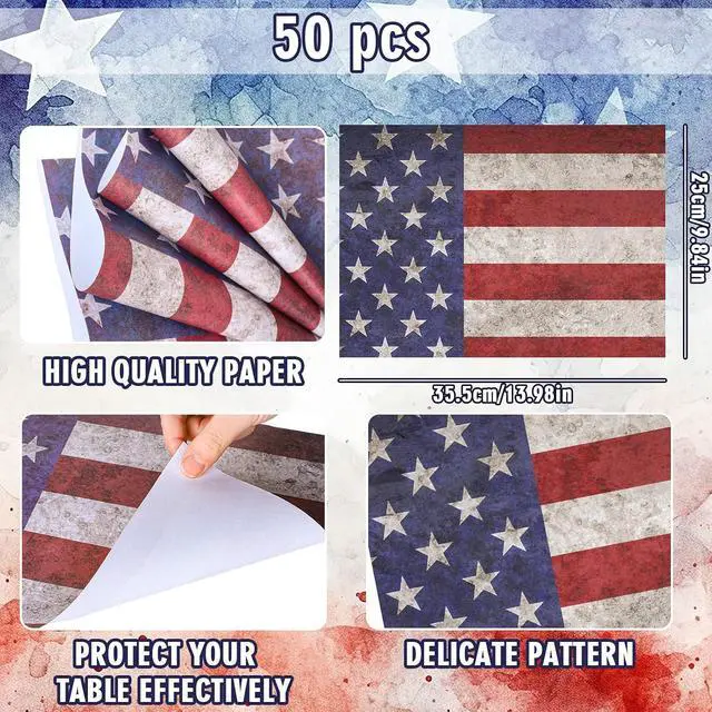 Alt view image 2 of 7 - Whaline 50Pcs Patriotic Paper Placemats Vintage American Flag Disposable Place Mats 4th of July Rectangle Table Mats for 250th Anniversary Independence Day Memorial Day Home Kitchen Decor