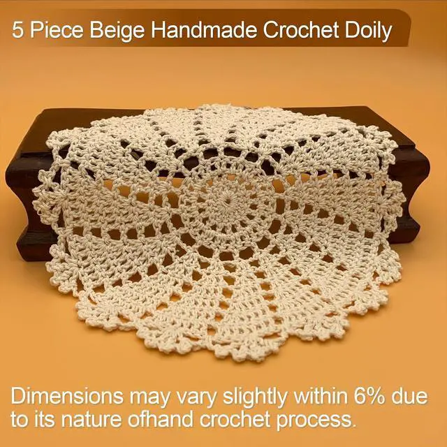 Alt view image 3 of 6 - 5 Piece 7 to 14 Inch Handmade Crochet Cotton Lace Doilies for Table, Beige