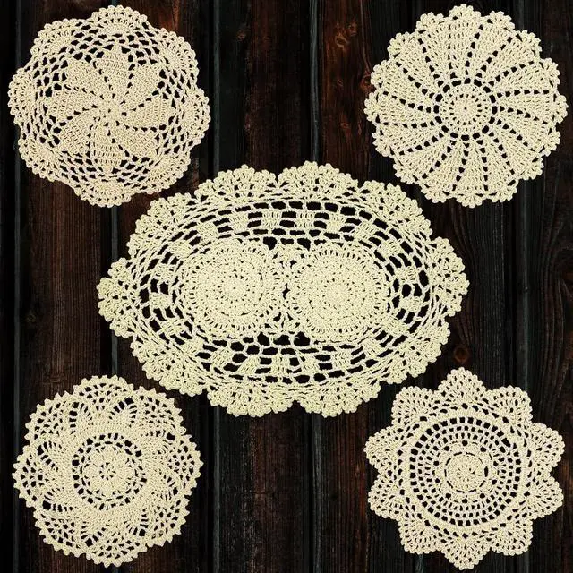 Main image of 5 Piece 7 to 14 Inch Handmade Crochet Cotton Lace Doilies for Table, Beige