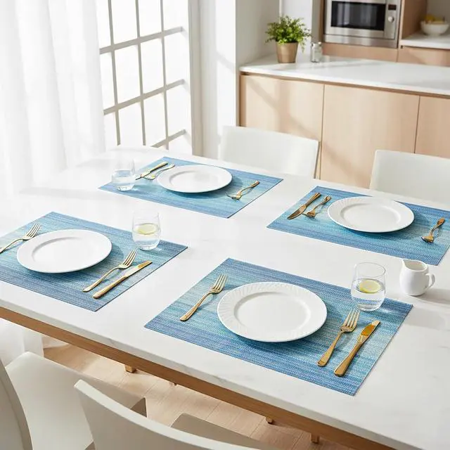 Alt view image 3 of 7 - Blue Placemats Set of 4 Anti-Slip Waterproof Table Mat | Washable, Vinyl Woven, Non-Slip, Stain-Resistant, Indoor/Outdoor,waterproof
