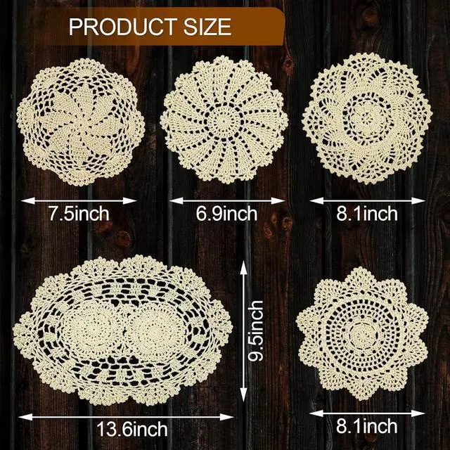 Alt view image 2 of 6 - 5 Piece 7 to 14 Inch Handmade Crochet Cotton Lace Doilies for Table, Beige