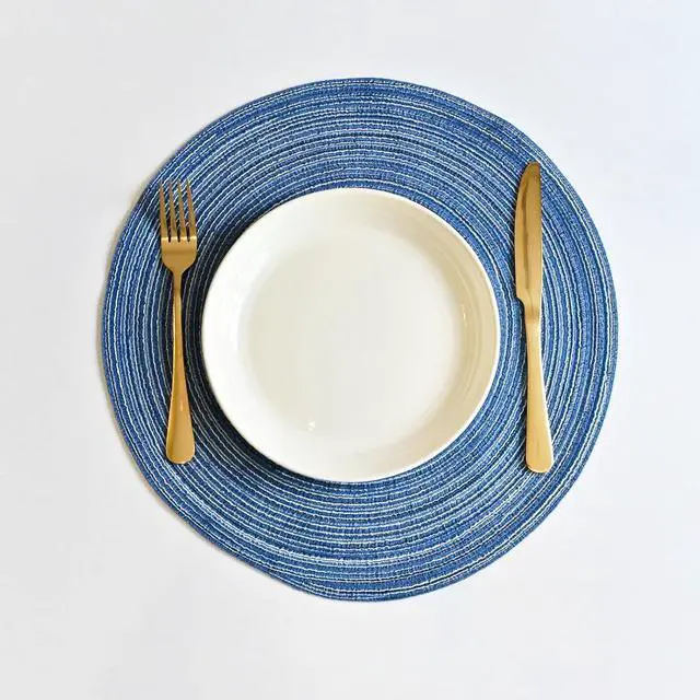 Alt view image 2 of 5 - Round Braided Placemats Polyester Cotton 15-inch Round Table Mats for Kitchen Dining Table Non-Slip Table Mats (1, Blue)