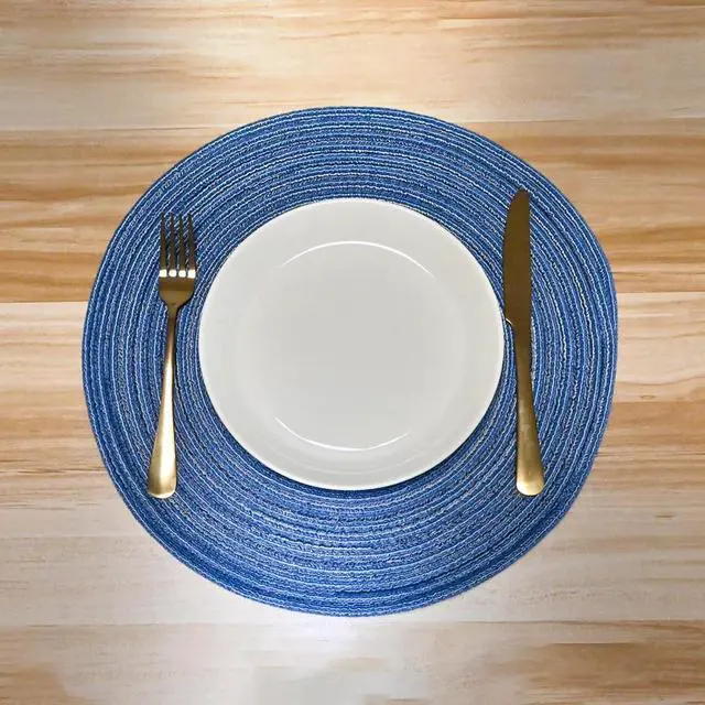 Alt view image 4 of 5 - Round Braided Placemats Polyester Cotton 15-inch Round Table Mats for Kitchen Dining Table Non-Slip Table Mats (1, Blue)