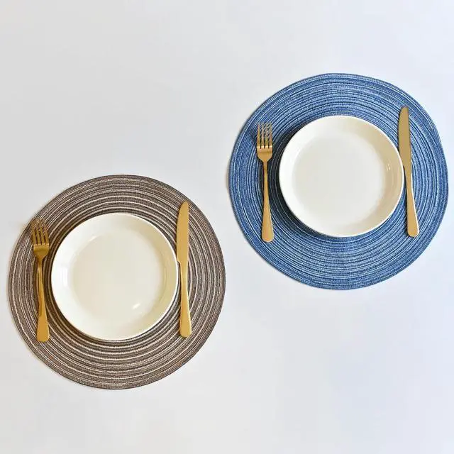 Alt view image 3 of 5 - Round Braided Placemats Polyester Cotton 15-inch Round Table Mats for Kitchen Dining Table Non-Slip Table Mats (1, Blue)