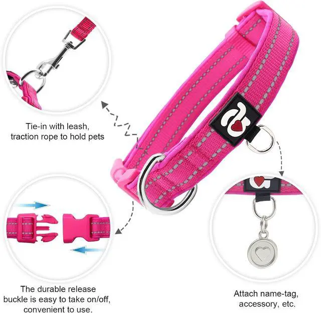 Alt view image 2 of 6 - azuza Reflective Dog Collar, Neoprene Padded Small Dog Collar, Hot Pink, S