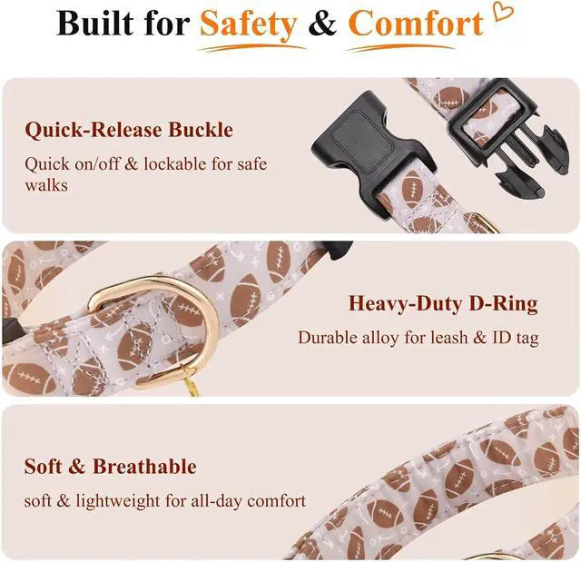 Alt view image 4 of 7 - Cotton Dog Collar,Soft and Cute Puppy Collars with Dinosaur Patterned Design for Girl Female Boy Dogs,Adjustable Buckle Pet Collar for Small Medium Large Dogs (Brown Rugby, Medium)