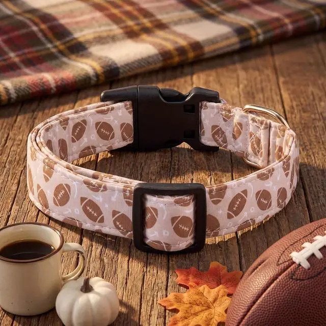 Alt view image 6 of 7 - Cotton Dog Collar,Soft and Cute Puppy Collars with Dinosaur Patterned Design for Girl Female Boy Dogs,Adjustable Buckle Pet Collar for Small Medium Large Dogs (Brown Rugby, Medium)