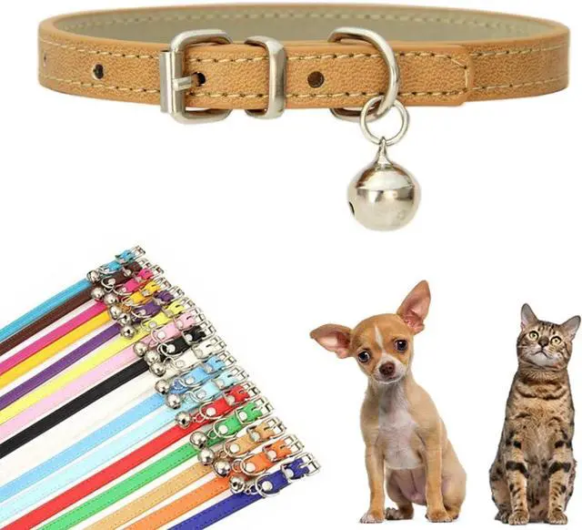Main image of XXS Dog Collar with Bell Boy Puppy Collars Cat Collars with Bells, Khaki | Basic Faux Leather, Removable Bell, Adjustable For XXS XS Small Medium Male Pet Dogs & Cats Kitten Tiny Animal