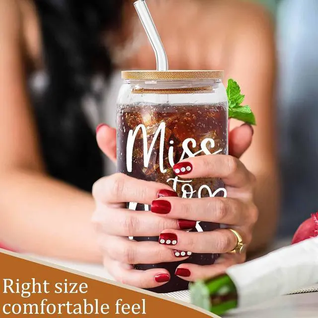 Alt view image 2 of 7 - Bridal Shower Gift, Miss To Mrs Funny Glass Cup, Wedding Gift for Bride, Bridal Glass Cup With Lids and Straws, 16 oz Can Shaped Drinking Glass for Bride to Be