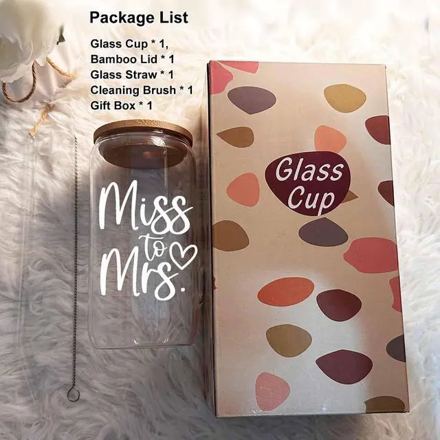 Alt view image 7 of 7 - Bridal Shower Gift, Miss To Mrs Funny Glass Cup, Wedding Gift for Bride, Bridal Glass Cup With Lids and Straws, 16 oz Can Shaped Drinking Glass for Bride to Be
