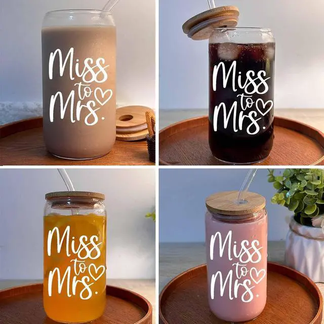 Alt view image 4 of 7 - Bridal Shower Gift, Miss To Mrs Funny Glass Cup, Wedding Gift for Bride, Bridal Glass Cup With Lids and Straws, 16 oz Can Shaped Drinking Glass for Bride to Be