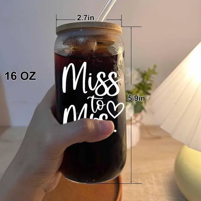 Alt view image 5 of 7 - Bridal Shower Gift, Miss To Mrs Funny Glass Cup, Wedding Gift for Bride, Bridal Glass Cup With Lids and Straws, 16 oz Can Shaped Drinking Glass for Bride to Be