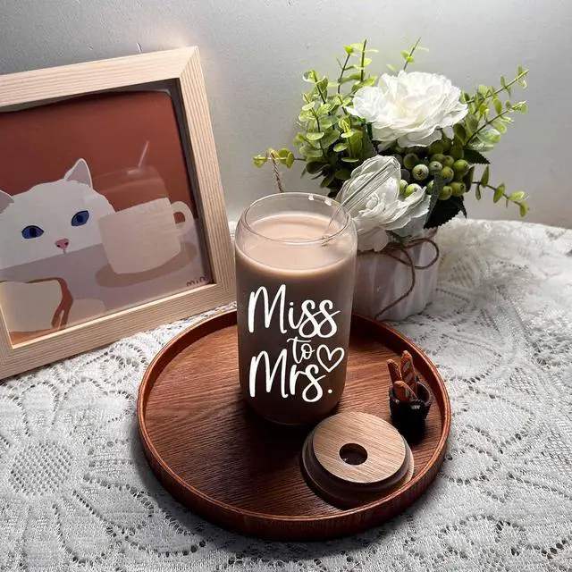 Alt view image 6 of 7 - Bridal Shower Gift, Miss To Mrs Funny Glass Cup, Wedding Gift for Bride, Bridal Glass Cup With Lids and Straws, 16 oz Can Shaped Drinking Glass for Bride to Be