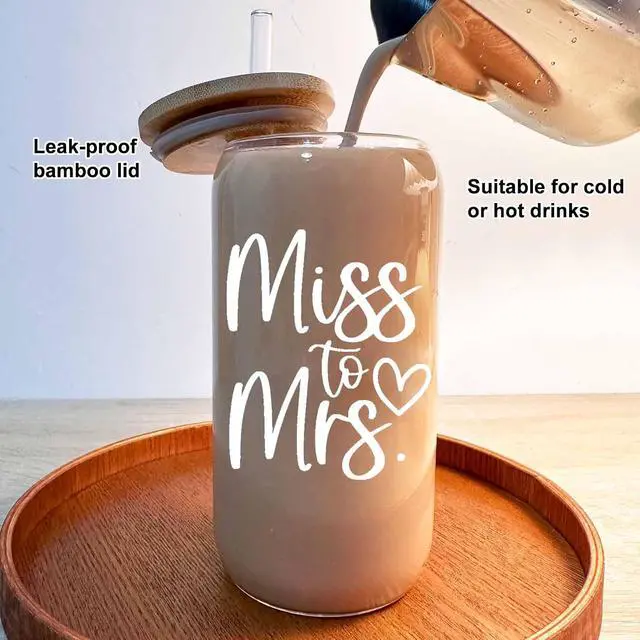 Alt view image 3 of 7 - Bridal Shower Gift, Miss To Mrs Funny Glass Cup, Wedding Gift for Bride, Bridal Glass Cup With Lids and Straws, 16 oz Can Shaped Drinking Glass for Bride to Be