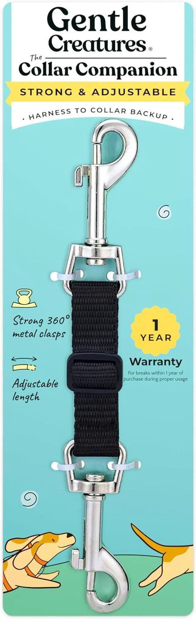 Main image of Gentle Creatures Collar Companion Adjustable Dog Safety Backup Clip | for harness, prong, pinch, martingale collars; double-ended swivel clasp; anti-escape; prong collar safety clip