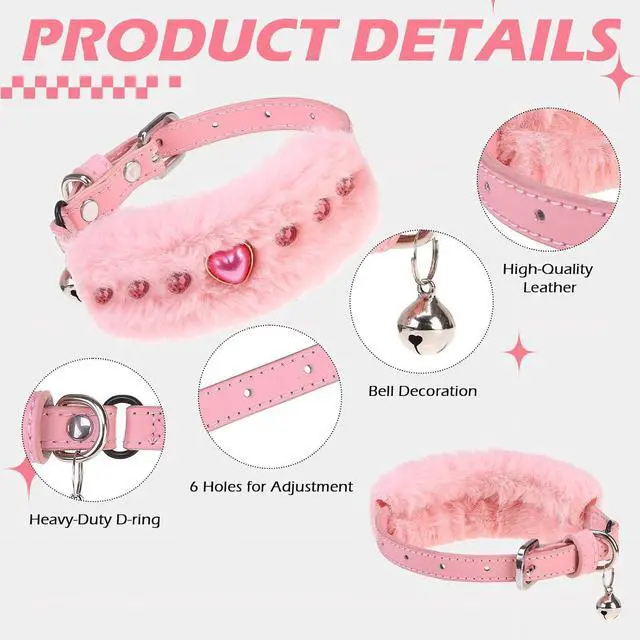 Alt view image 3 of 7 - EXPAWLORER Leather Cat Collar for Girl Boy Cats,Pink(Plush & Heart Rivet) | Adjustable Pet Collar with Safety Elastic Belt,Personalized Punk Accessories Buckle Collars with Bell for Small Dogs