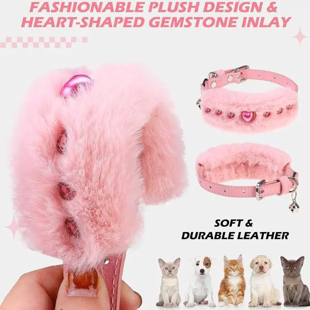 Alt view image 4 of 7 - EXPAWLORER Leather Cat Collar for Girl Boy Cats,Pink(Plush & Heart Rivet) | Adjustable Pet Collar with Safety Elastic Belt,Personalized Punk Accessories Buckle Collars with Bell for Small Dogs