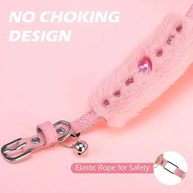 Alt view image 5 of 7 - EXPAWLORER Leather Cat Collar for Girl Boy Cats,Pink(Plush & Heart Rivet) | Adjustable Pet Collar with Safety Elastic Belt,Personalized Punk Accessories Buckle Collars with Bell for Small Dogs
