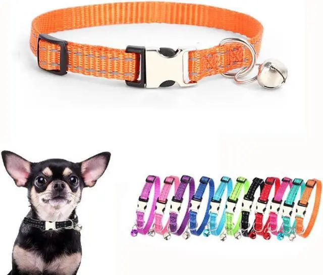 Main image of Small Dog Collar with Bell, Reflective Nylon Metal Buckle XS Puppy Collars for Little Pet Male Dogs Cat Girl Kitten Small Animal, Orange X-Small
