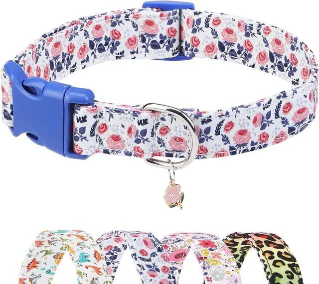 Main image of Cotton Small Dog Collar with Pendant, Cute Puppy Collars for Small Medium Large Dogs, Soft Adjustable Pet Collar with Safety Buckle for Girl Female Boy Dogs, Flower Pattern XS