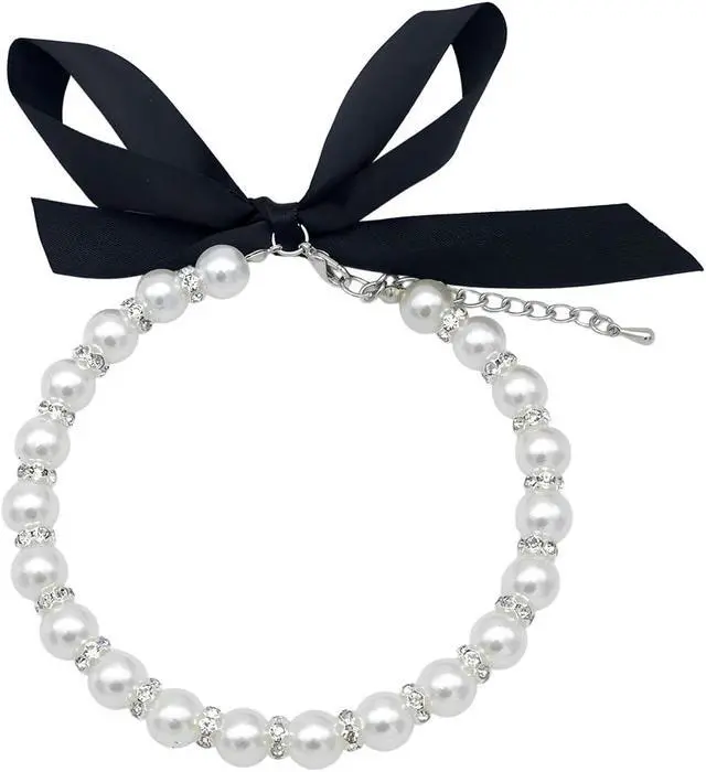 Alt view image 2 of 7 - Pearl Necklace for Small Dogs, Beaded Girl Cat Collar with Diamond White, S | Pet Pearl Necklace Diamond Crystal Pearl Dog Collar with Rhinestones Dog Kitten Jewelry Wedding Party Accessories