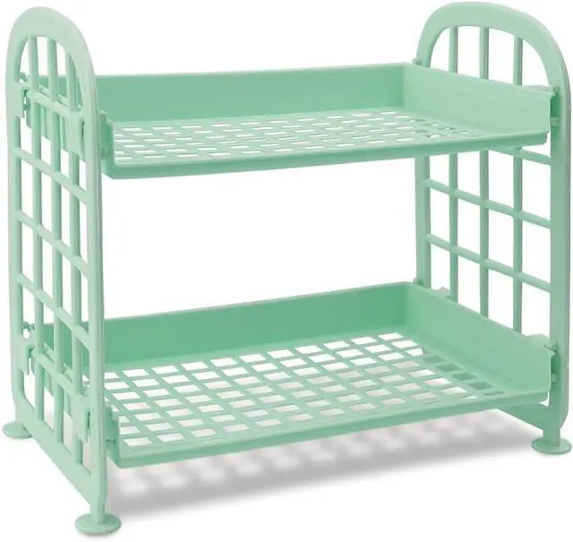 Main image of Desktop Rack Cosmetic Stationery Storage Holder, 2-Tier Multifunctional Plastic Shelf Makeup Organizer for Skincare Office Kitchen Bedroom Bathroom Home (Light Green)