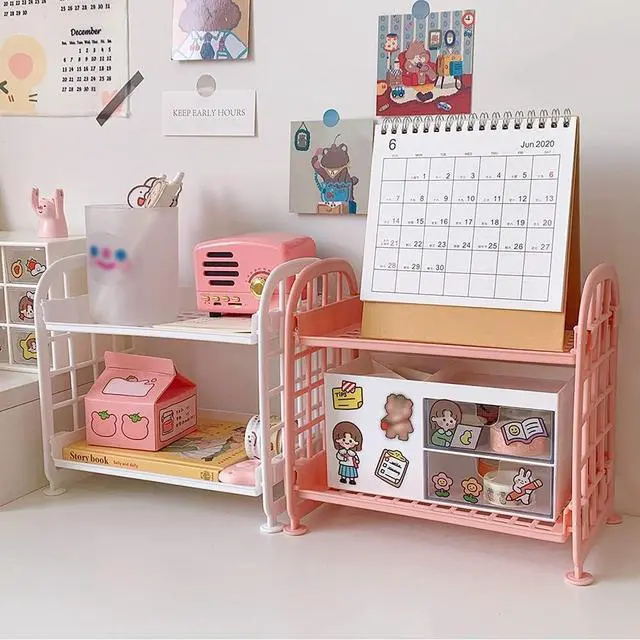 Alt view image 6 of 7 - Desktop Rack Cosmetic Stationery Storage Holder, 2-Tier Multifunctional Plastic Shelf Makeup Organizer for Skincare Office Kitchen Bedroom Bathroom Home (Light Green)