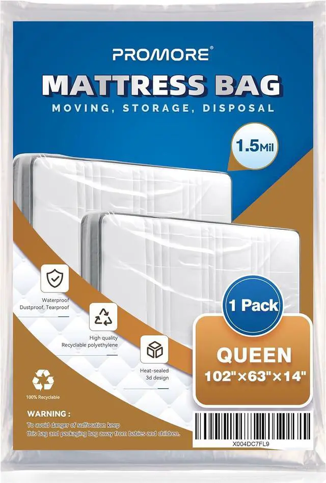 Main image of Plastic Mattress Bag for Disposal Moving or Storage,Queen Size,1.5Mil | Moving Supplies, Waterproof, Mattress Protector Cover