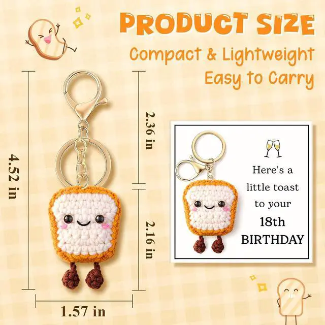 Alt view image 3 of 7 - Qallicon Handmade Crochet Toast Keychain, Funny Gift for Retirement New Home Graduation, Birthday Gifts for 18th 21st 50th