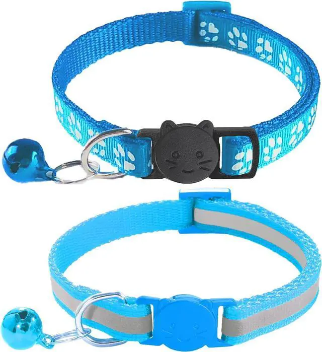 Main image of 2 Pack Breakaway Cat Collars with Bells, Reflective Design and Claw Print Design, Safety Buckle Kitten Collars Adjustable from 7.5 to 12.5 Inches (Sky Blue)