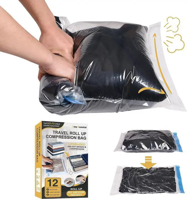 Main image of Cozy Essential Compression Bags for Travel - Travel Essentials - 12 Pack Space Saver Plastic Packaging Bags - No Vacuum Needed - Compression Packing Bags for Cruise Accessories