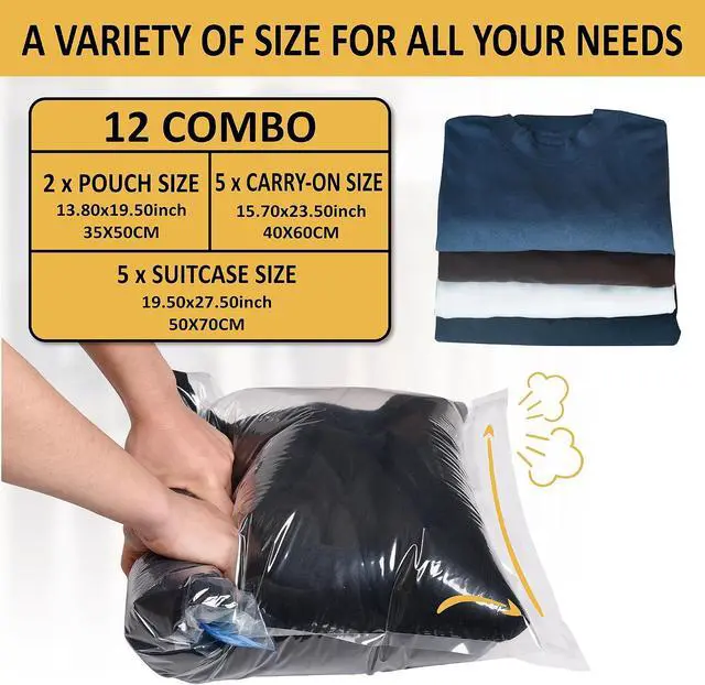 Alt view image 3 of 7 - Cozy Essential Compression Bags for Travel - Travel Essentials - 12 Pack Space Saver Plastic Packaging Bags - No Vacuum Needed - Compression Packing Bags for Cruise Accessories
