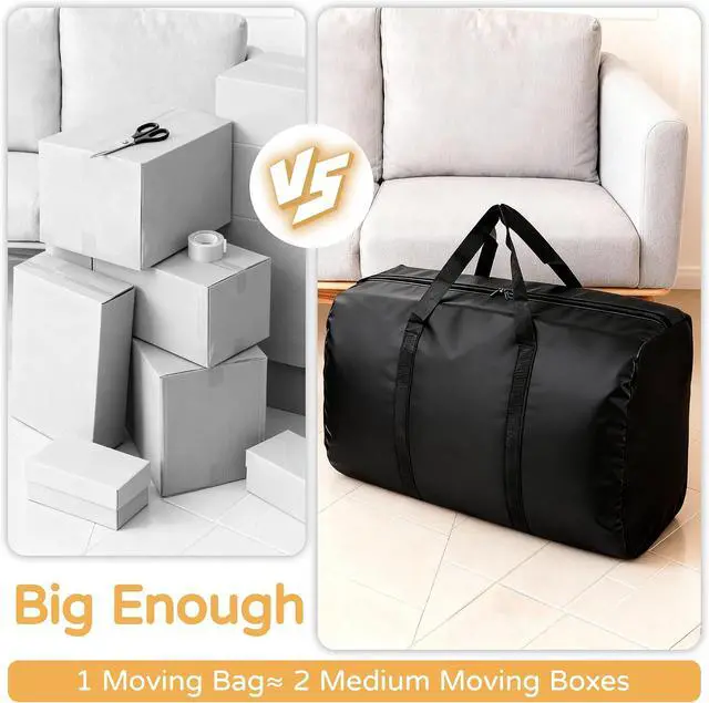 Alt view image 4 of 7 - 2 Pack 96L Extra Large Moving Bags with Zippers & Carrying Handles for Storage, Packing, Traveling, Camping, Langdry, Big Heavy Duty Moving Totes Bags for Clothes, Supplies and Space Saving Black