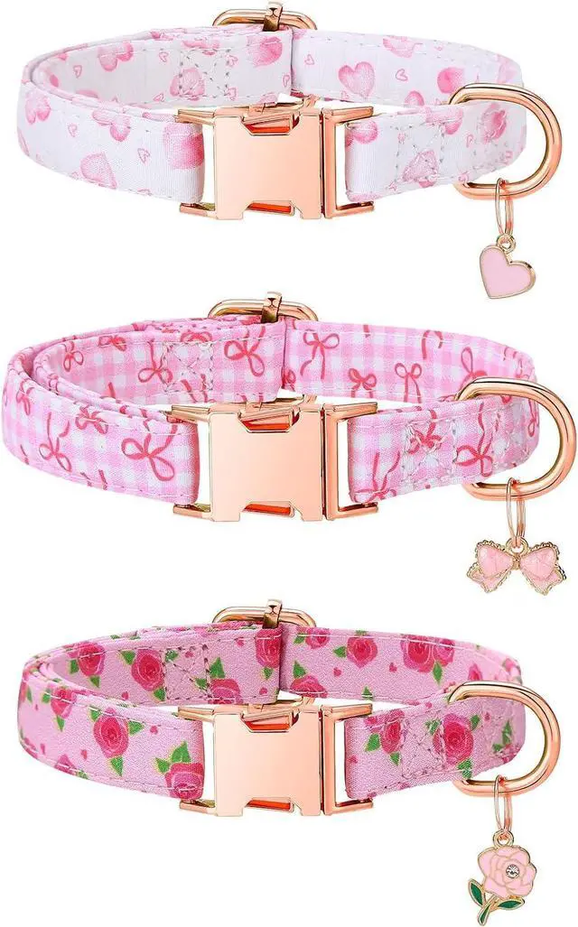 Main image of 3 Pack Pink Dog Collars for Small Dogs Girl Dog Collar with Pendant | Girl Female Dogs Adjustable Puppy Collars Pet Collar