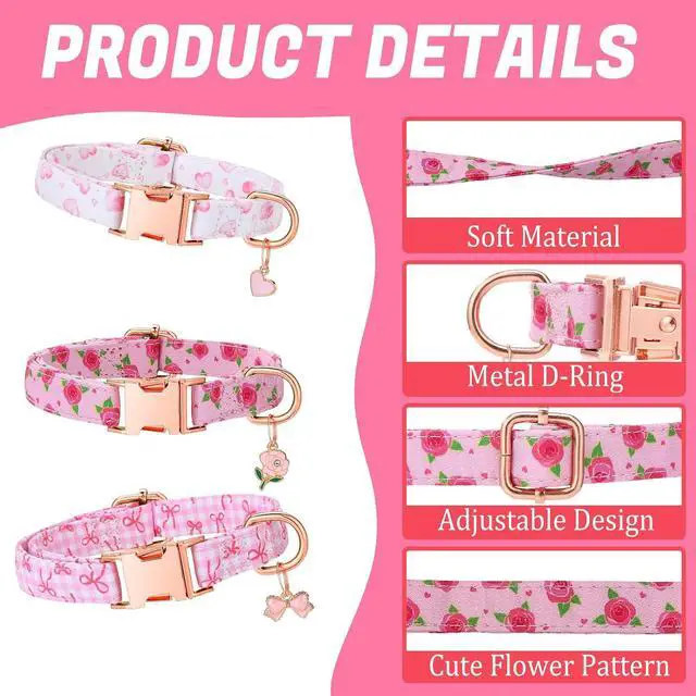 Alt view image 4 of 7 - 3 Pack Pink Dog Collars for Small Dogs Girl Dog Collar with Pendant | Girl Female Dogs Adjustable Puppy Collars Pet Collar