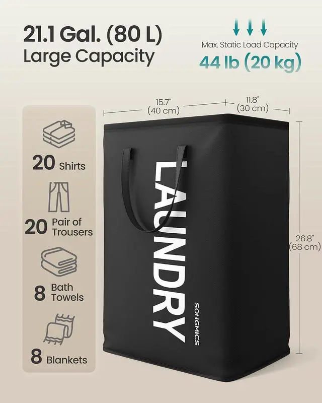 Alt view image 3 of 6 - SONGMICS Laundry Hamper, 80 L Foldable Laundry Basket with Handle | Storage Basket with Handles for Laundry Room, Bedroom, Bathroom, Ink Black, STOWIT Collection URLH001BH01