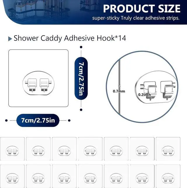 Alt view image 2 of 7 - 14 Pack Shower Caddy Adhesive Replacement, Waterproof Strong Hooks for Shower Caddy, No Drilling Bathroom Storage Shelves, Soap Holder, and Kitchen Racks (Clear 1 Hooks)