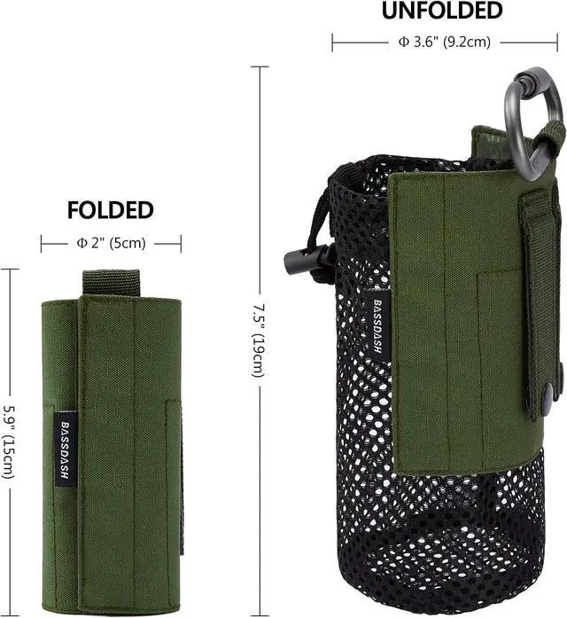 Alt view image 4 of 6 - BASSDASH Tactical Molle Water Bottle Pouch with Carabiner Foldable Mesh Holder Bag for Travel Fishing Hunting Hiking Outdoor Activities