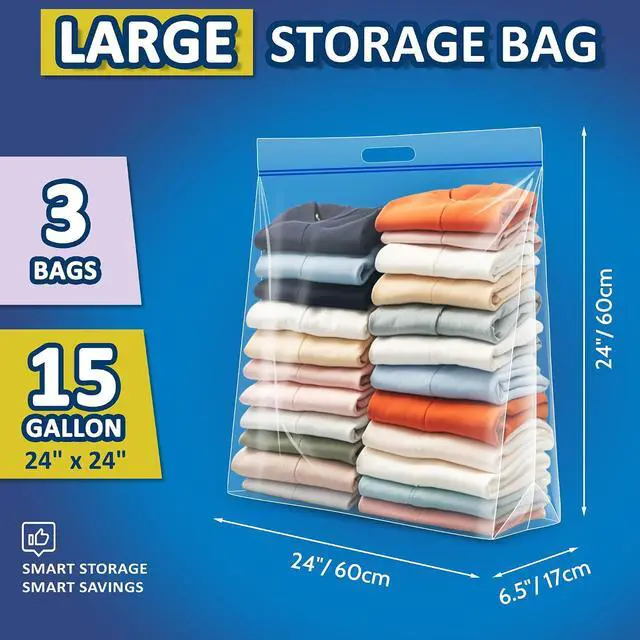 Alt view image 2 of 7 - 15 Gallon Large Resealable Storage Bags with zipper Top | 24" x 24" Heavy Duty Clear Bags with Handles, 4 Mil Thick - Perfect for Clothing, Pillows, Travel, and Moving (3-Pack)