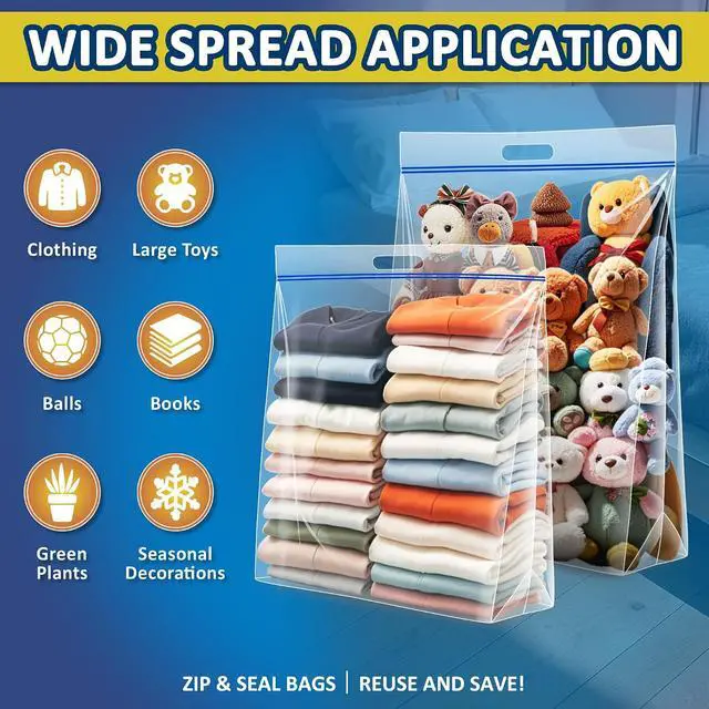 Alt view image 4 of 7 - 15 Gallon Large Resealable Storage Bags with zipper Top | 24" x 24" Heavy Duty Clear Bags with Handles, 4 Mil Thick - Perfect for Clothing, Pillows, Travel, and Moving (3-Pack)
