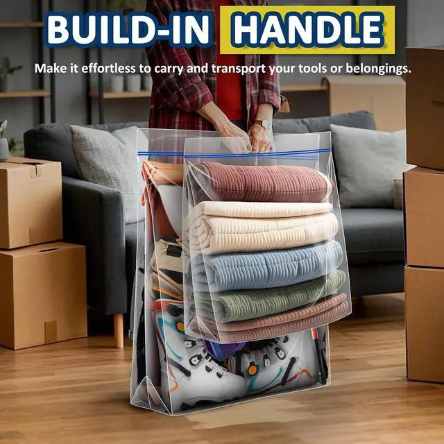 Alt view image 5 of 7 - 15 Gallon Large Resealable Storage Bags with zipper Top | 24" x 24" Heavy Duty Clear Bags with Handles, 4 Mil Thick - Perfect for Clothing, Pillows, Travel, and Moving (3-Pack)