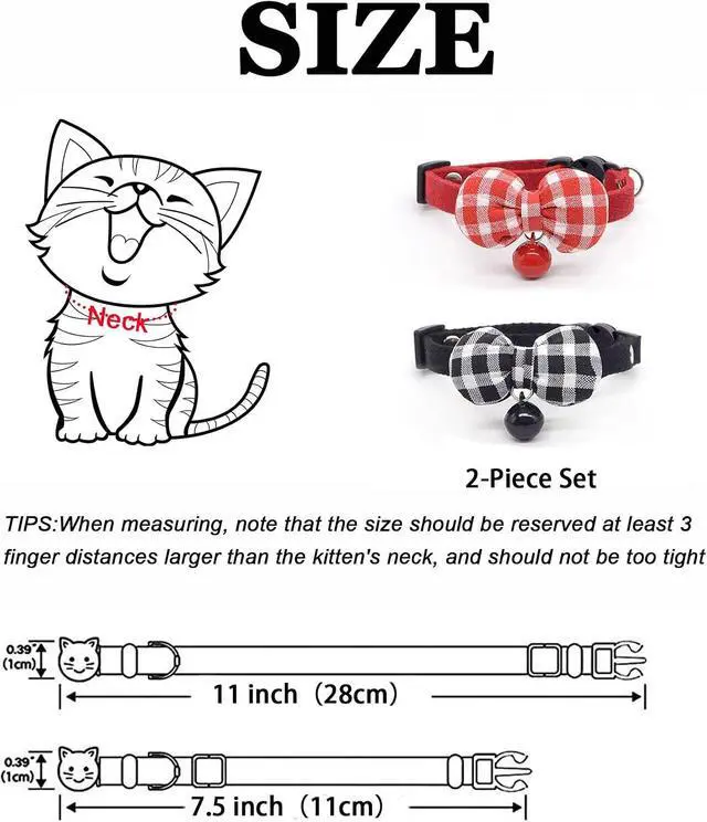 Alt view image 2 of 5 - 2 Pack Soft Breakaway Safety Cat CollarKitten Collar with Bell and Bow Tie,Adjustable Breakaway Cotton Collar for Kitty and Puppy (Plaid-Red Black)
