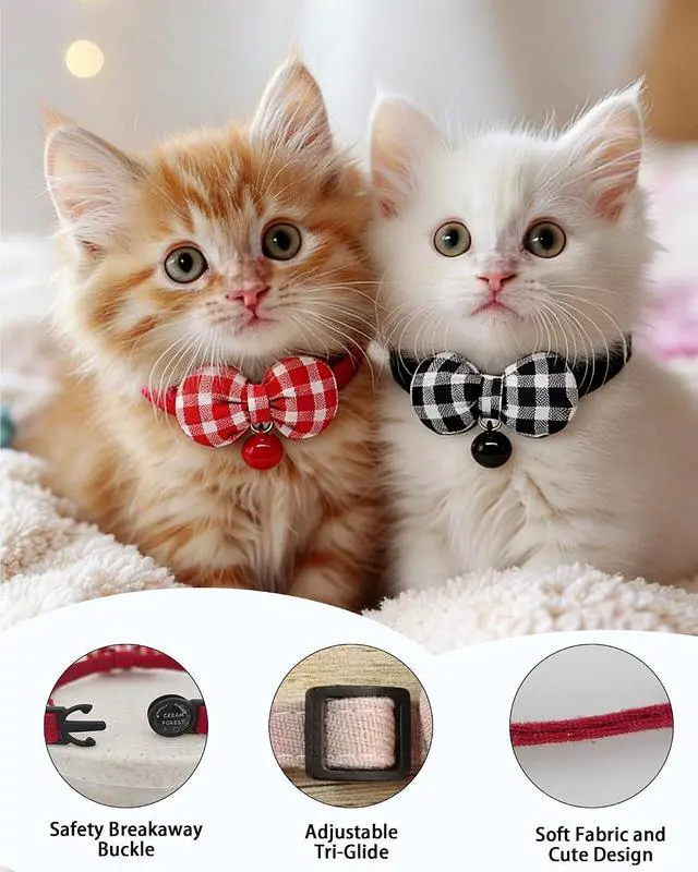 Alt view image 3 of 5 - 2 Pack Soft Breakaway Safety Cat CollarKitten Collar with Bell and Bow Tie,Adjustable Breakaway Cotton Collar for Kitty and Puppy (Plaid-Red Black)