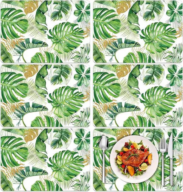Main image of Tarklanda Palm Leaf Plastic Placemats Set of 6, Summer Tropical Plant Decorative Place Mat Hawaiian Wipeable Vinyl Table Mats for Kitchen Dining Indoor Outdoor Luau Party, 11 x 15.7 Inch