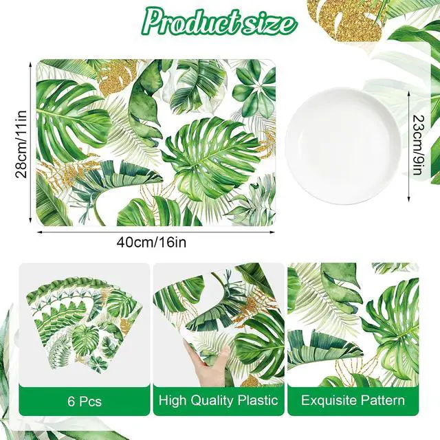Alt view image 4 of 7 - Tarklanda Palm Leaf Plastic Placemats Set of 6, Summer Tropical Plant Decorative Place Mat Hawaiian Wipeable Vinyl Table Mats for Kitchen Dining Indoor Outdoor Luau Party, 11 x 15.7 Inch