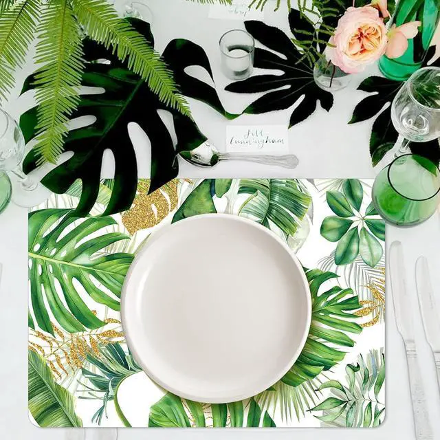 Alt view image 2 of 7 - Tarklanda Palm Leaf Plastic Placemats Set of 6, Summer Tropical Plant Decorative Place Mat Hawaiian Wipeable Vinyl Table Mats for Kitchen Dining Indoor Outdoor Luau Party, 11 x 15.7 Inch