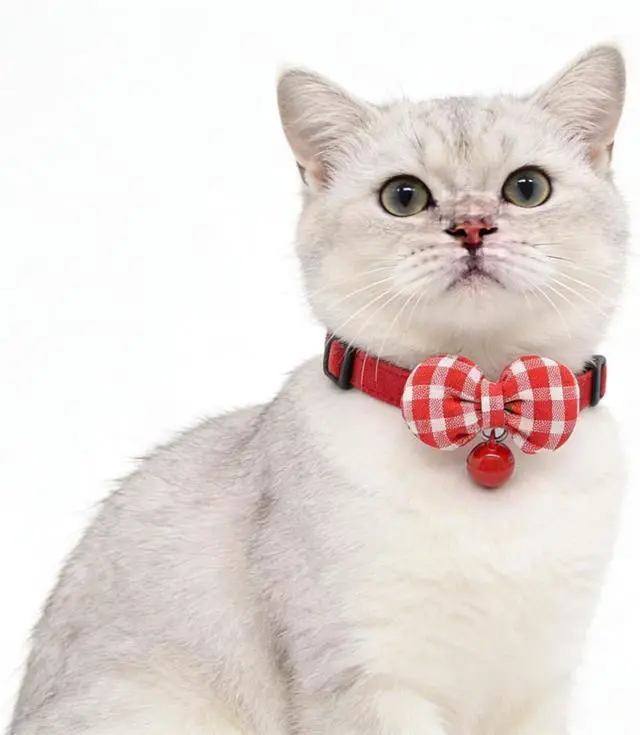 Alt view image 4 of 5 - 2 Pack Soft Breakaway Safety Cat CollarKitten Collar with Bell and Bow Tie,Adjustable Breakaway Cotton Collar for Kitty and Puppy (Plaid-Red Black)